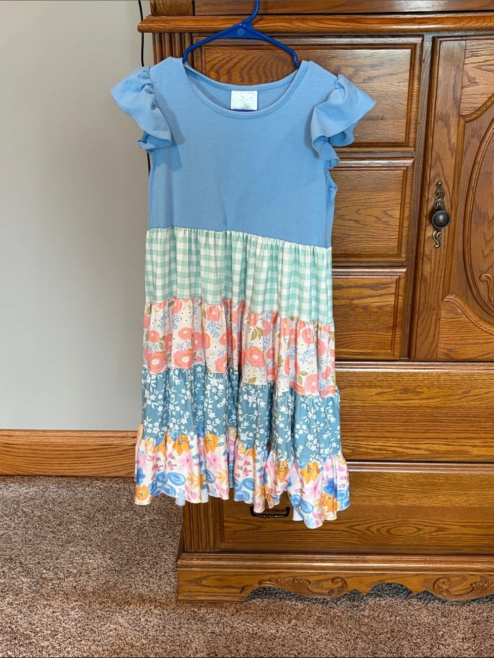Girls Light Blue Ruffle Sleeve Tiered Dress with Floral & Gingham Panels